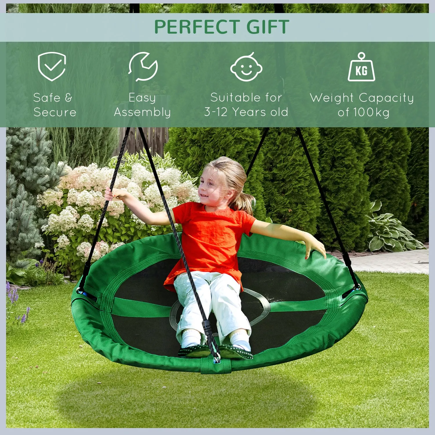 40 Inch / 100 cm Tree Swing Round Kids Nest Swing Seat Adjustable Rope for Outdoor Backyard Garden Play Activity Green