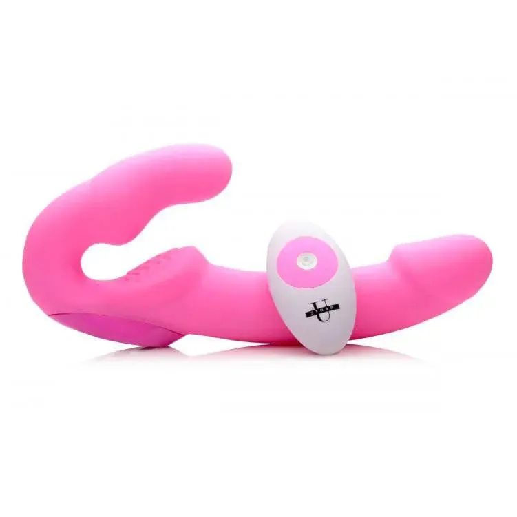 9.5-inch Silicone Pink Rechargeable Vibrating Strapless Strap on Dildo