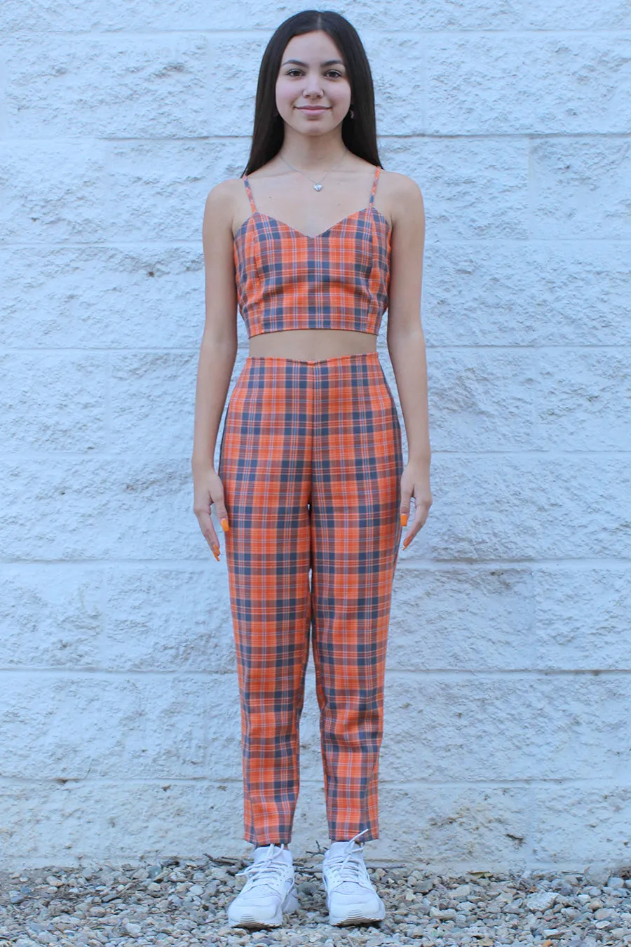 Adjustable Cami Top and Pants - Orange Plaid