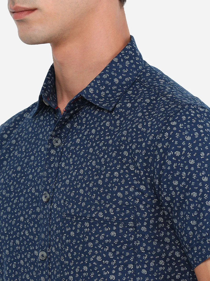 Blue & Grey Printed Slim Fit Semi Casual Shirt | Greenfibre
