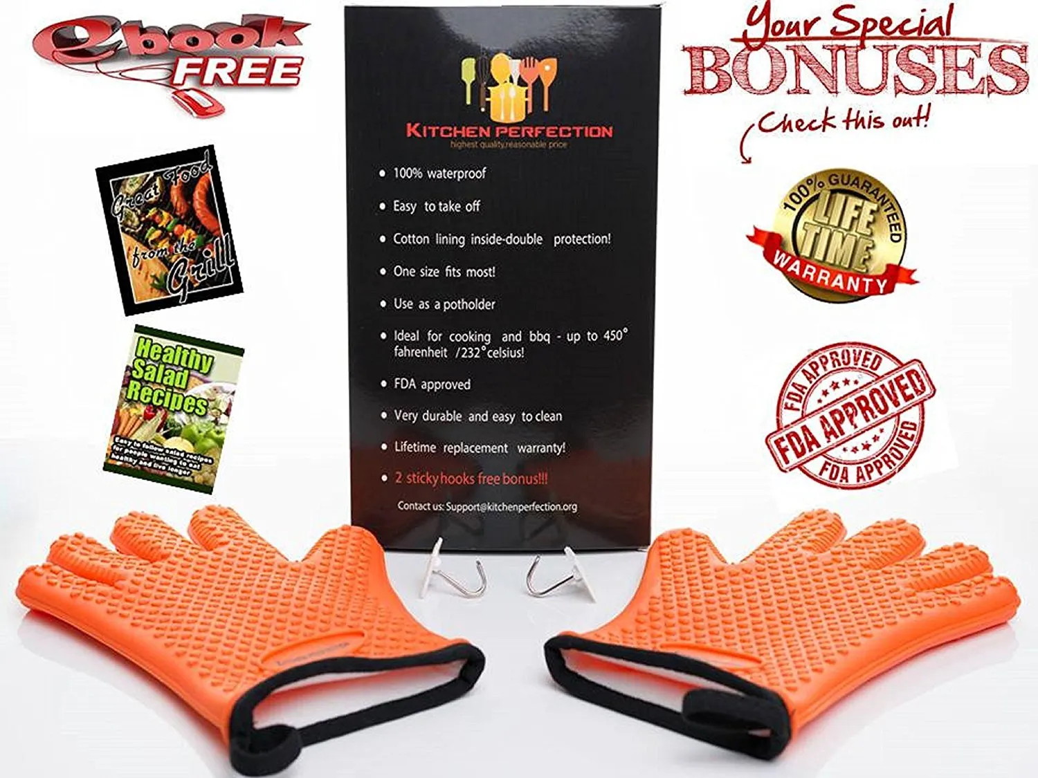 Cooking and Grilling Gloves for The Pro Chef|Extreme Cool and Heat Resistant|Oven Mitts for BBQ Smokers and Grillers.Washable Cotton Lining|Insulated|Waterproof| 2 Bonuses - 2 Sticky Hooks   eBook