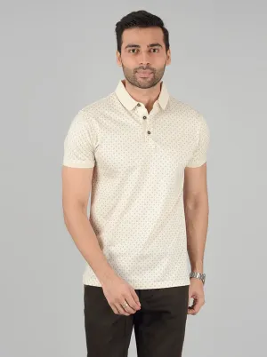 Cream Printed Slim Fit Polo T-Shirt | JadeBlue