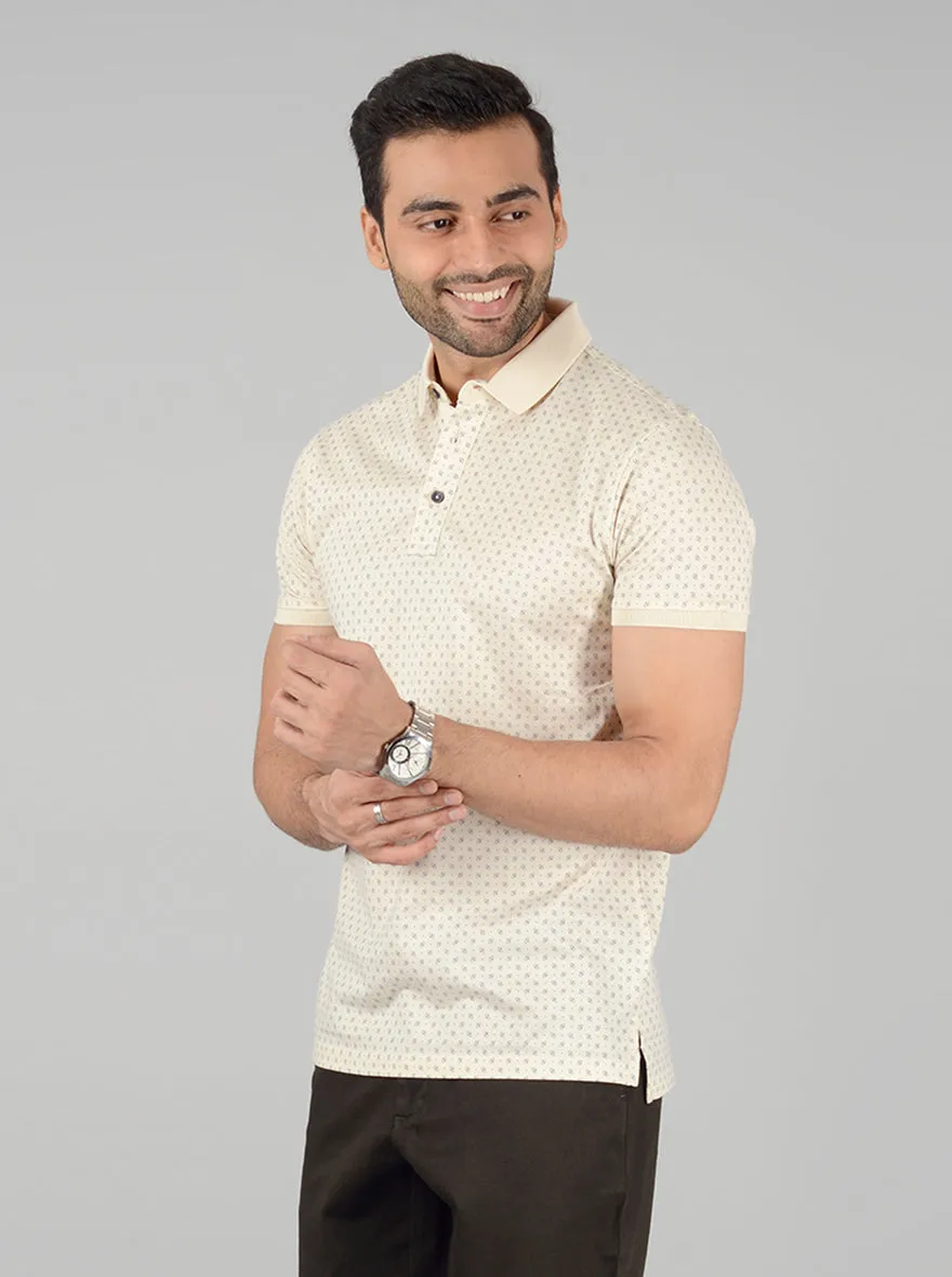 Cream Printed Slim Fit Polo T-Shirt | JadeBlue
