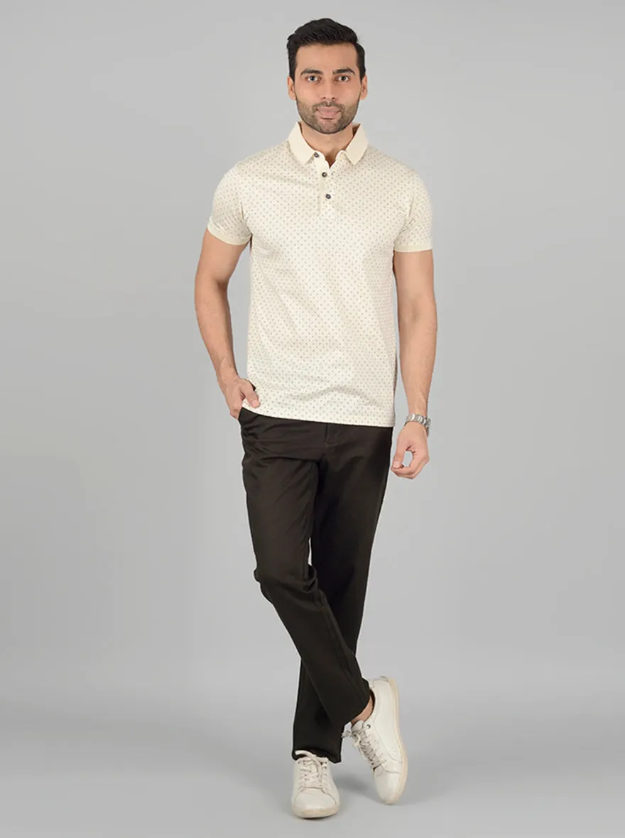 Cream Printed Slim Fit Polo T-Shirt | JadeBlue