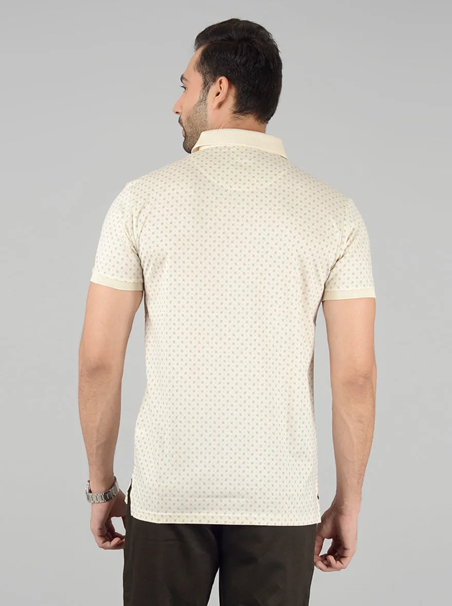 Cream Printed Slim Fit Polo T-Shirt | JadeBlue