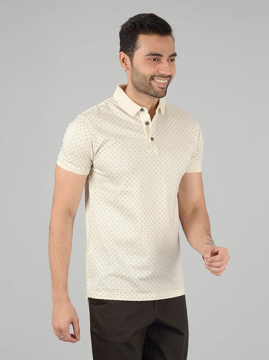 Cream Printed Slim Fit Polo T-Shirt | JadeBlue