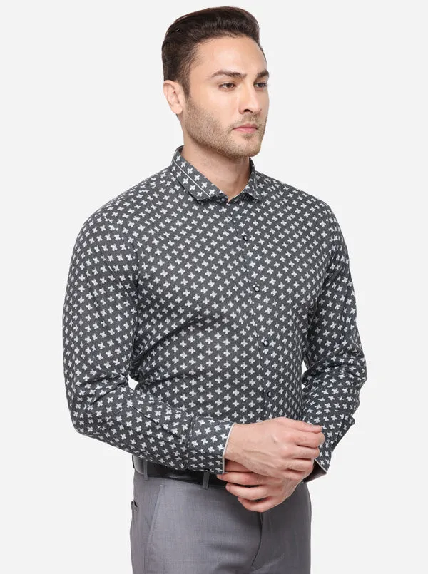 Grey & White Printed Slim Fit Party Wear Shirt | JB Studio