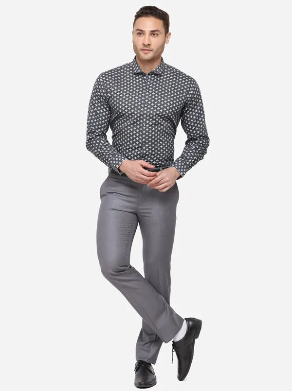 Grey & White Printed Slim Fit Party Wear Shirt | JB Studio