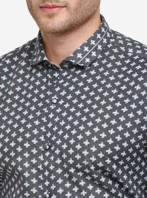 Grey & White Printed Slim Fit Party Wear Shirt | JB Studio