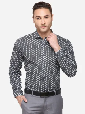 Grey & White Printed Slim Fit Party Wear Shirt | JB Studio
