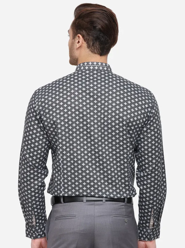 Grey & White Printed Slim Fit Party Wear Shirt | JB Studio
