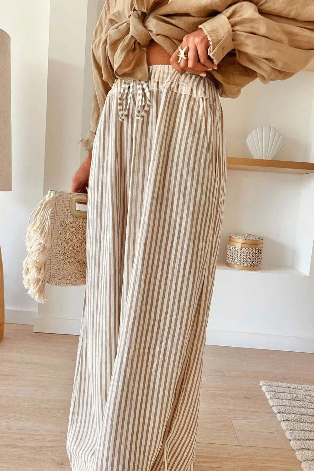 Khaki Stripe Drawstring Wide Leg Pants
