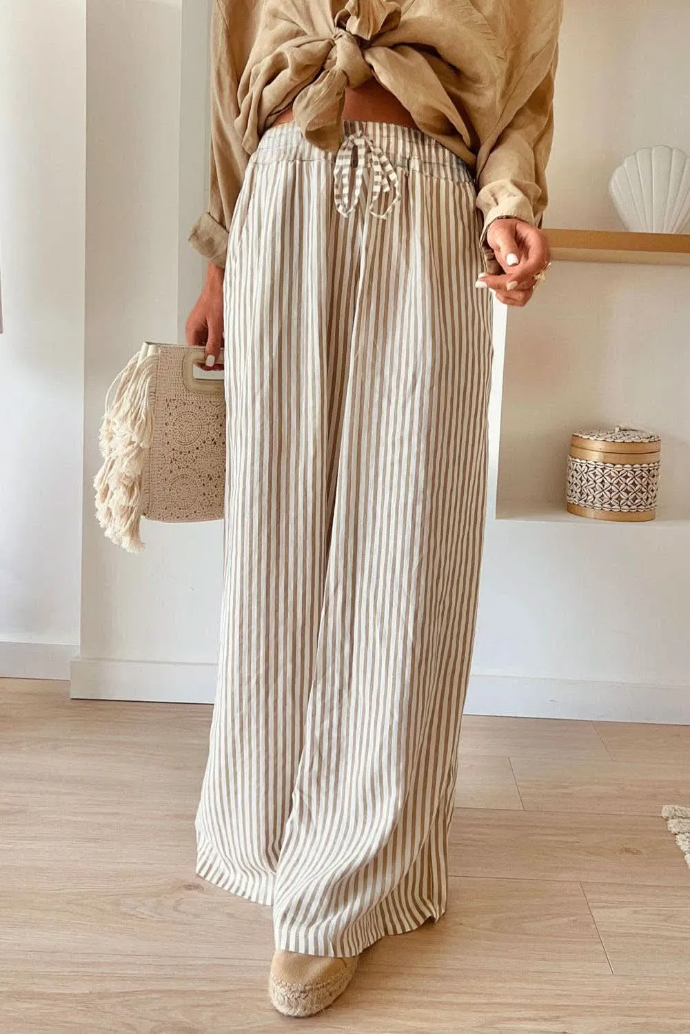 Khaki Stripe Drawstring Wide Leg Pants
