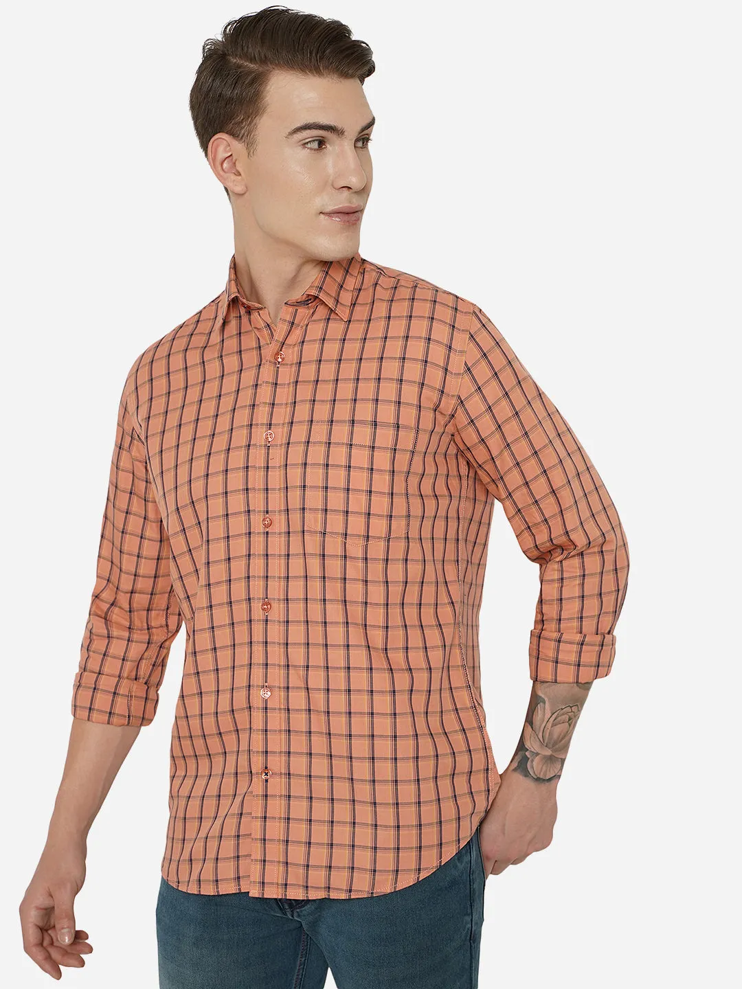 Light Orange Checked Slim Fit Casual Shirt | JadeBlue