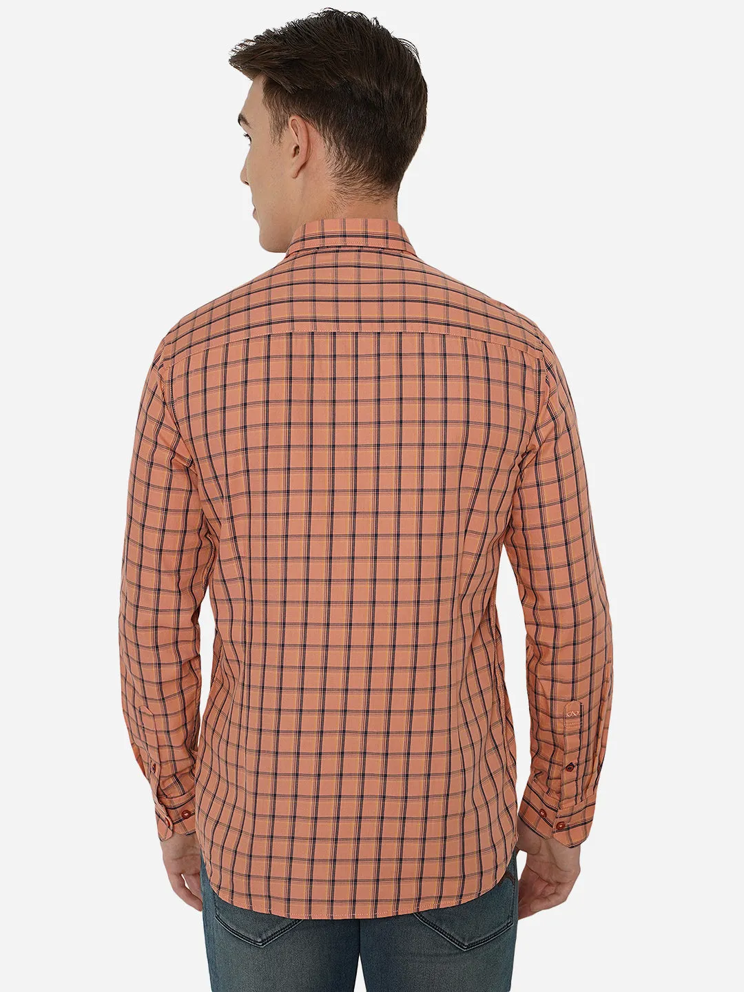 Light Orange Checked Slim Fit Casual Shirt | JadeBlue