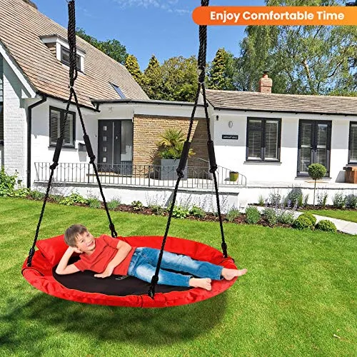 LITTLELOGIQ Saucer Tree Swing for Kids, 40 Inch Outdoor Swing Sets for Backyard, Round Flying Swing Seat with 2 Hanging Straps, 700lb Capacity, Adjustable Ropes, Gift for Adults, Boys, Girls - Red
