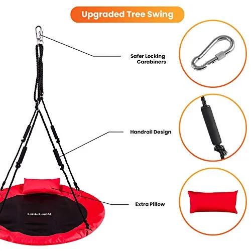 LITTLELOGIQ Saucer Tree Swing for Kids, 40 Inch Outdoor Swing Sets for Backyard, Round Flying Swing Seat with 2 Hanging Straps, 700lb Capacity, Adjustable Ropes, Gift for Adults, Boys, Girls - Red