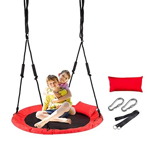 LITTLELOGIQ Saucer Tree Swing for Kids, 40 Inch Outdoor Swing Sets for Backyard, Round Flying Swing Seat with 2 Hanging Straps, 700lb Capacity, Adjustable Ropes, Gift for Adults, Boys, Girls - Red
