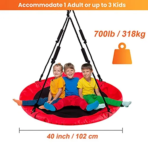 LITTLELOGIQ Saucer Tree Swing for Kids, 40 Inch Outdoor Swing Sets for Backyard, Round Flying Swing Seat with 2 Hanging Straps, 700lb Capacity, Adjustable Ropes, Gift for Adults, Boys, Girls - Red