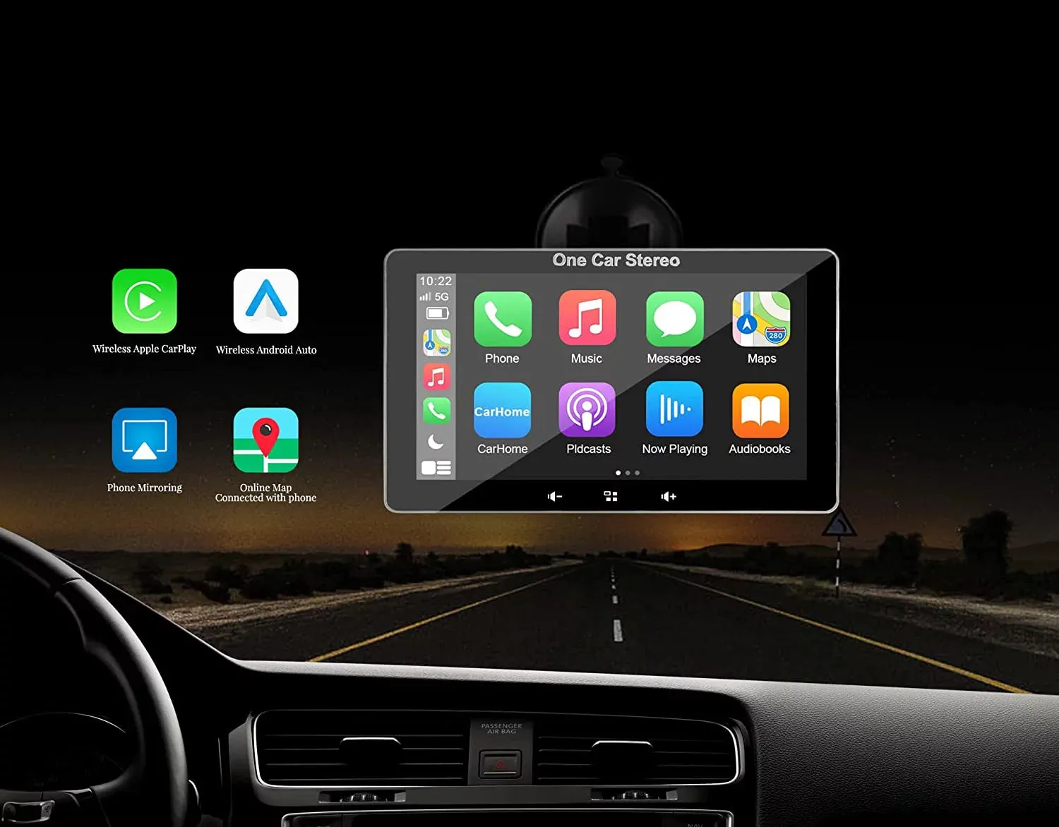 Newest  Portable Car Radio with Apple Carplay and Android Auto, Wireless Car Stereo 7" IPS Touchscreen with Bluetooth Hands-Free/Mirror Link/Siri Assistant, Windshield Mounted