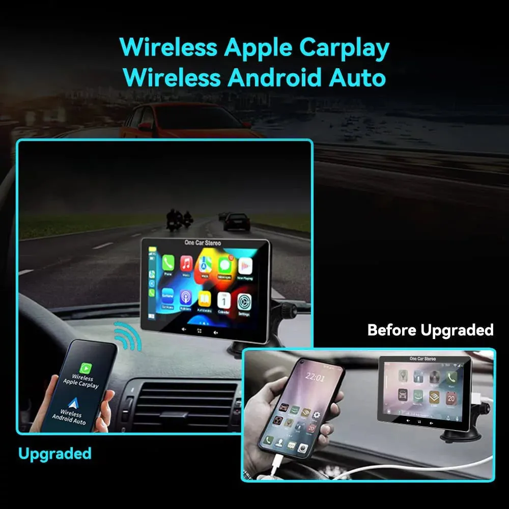 Newest  Portable Car Radio with Apple Carplay and Android Auto, Wireless Car Stereo 7" IPS Touchscreen with Bluetooth Hands-Free/Mirror Link/Siri Assistant, Windshield Mounted