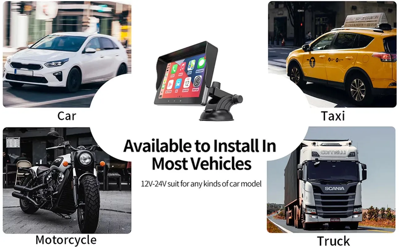 Newest  Portable Car Radio with Apple Carplay and Android Auto, Wireless Car Stereo 7" IPS Touchscreen with Bluetooth Hands-Free/Mirror Link/Siri Assistant, Windshield Mounted