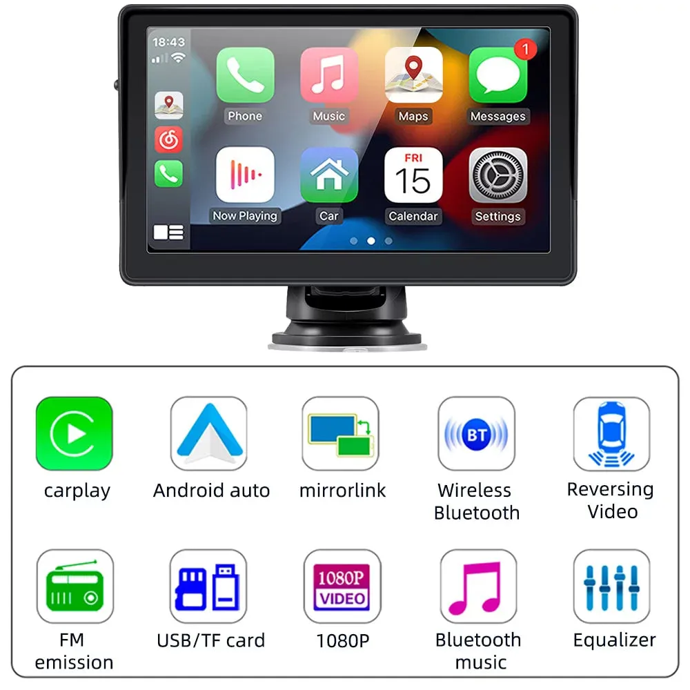 Newest  Portable Car Radio with Apple Carplay and Android Auto, Wireless Car Stereo 7" IPS Touchscreen with Bluetooth Hands-Free/Mirror Link/Siri Assistant, Windshield Mounted