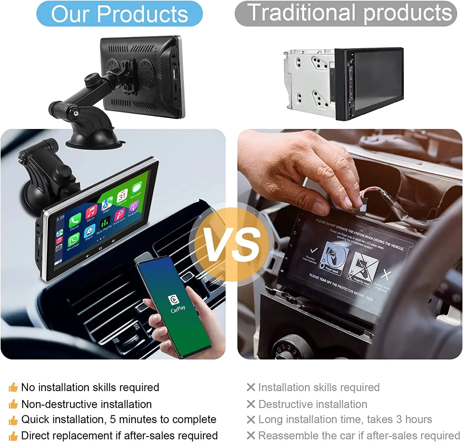 Newest  Portable Car Radio with Apple Carplay and Android Auto, Wireless Car Stereo 7" IPS Touchscreen with Bluetooth Hands-Free/Mirror Link/Siri Assistant, Windshield Mounted