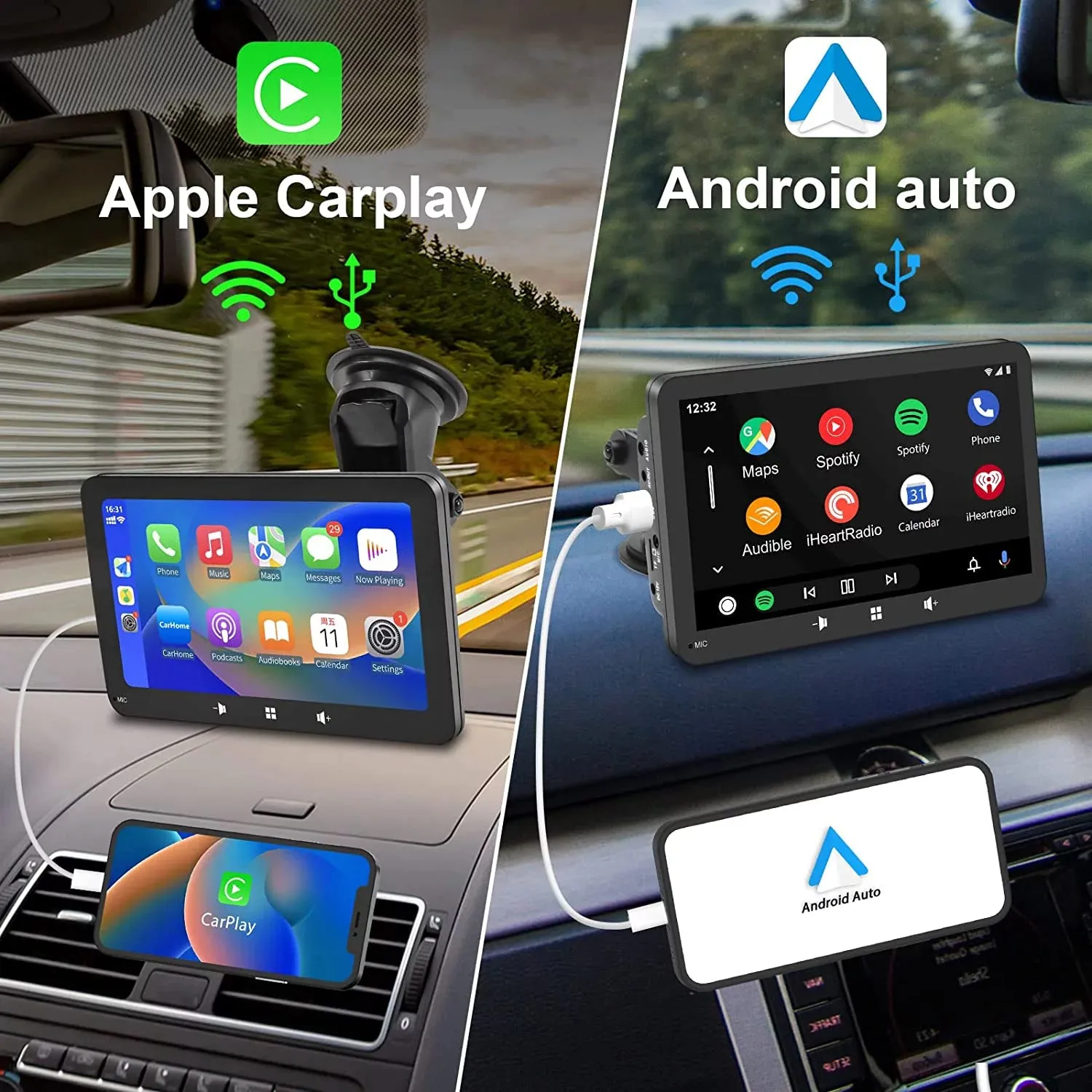 Newest  Portable Car Radio with Apple Carplay and Android Auto, Wireless Car Stereo 7" IPS Touchscreen with Bluetooth Hands-Free/Mirror Link/Siri Assistant, Windshield Mounted