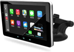 Newest  Portable Car Radio with Apple Carplay and Android Auto, Wireless Car Stereo 7" IPS Touchscreen with Bluetooth Hands-Free/Mirror Link/Siri Assistant, Windshield Mounted