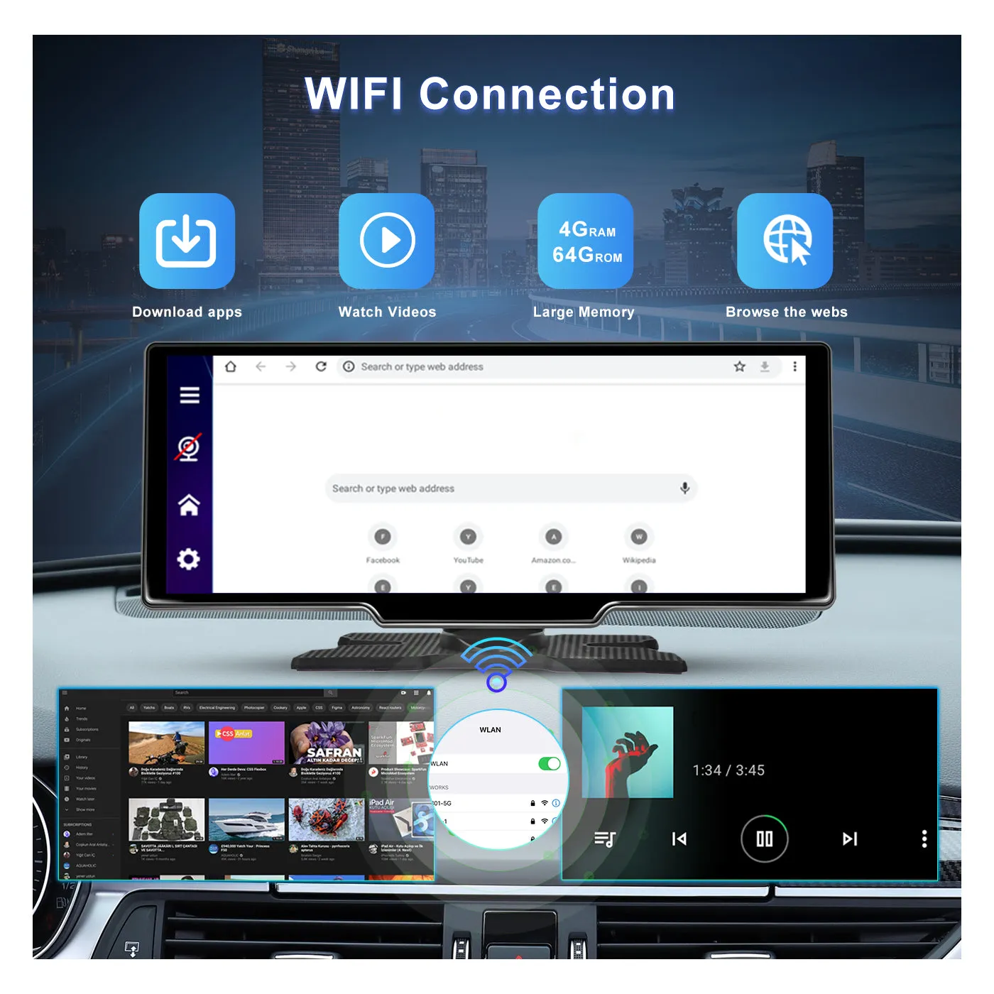 PODOFO 10.26 Inch 4 64G Android 13 Portable Apple CarPlay Screen, Wireless Android Auto Car Stereo with GPS Navigation & WiFi, 8-Core , Bluetooth Hands-Free, support Backup Camera