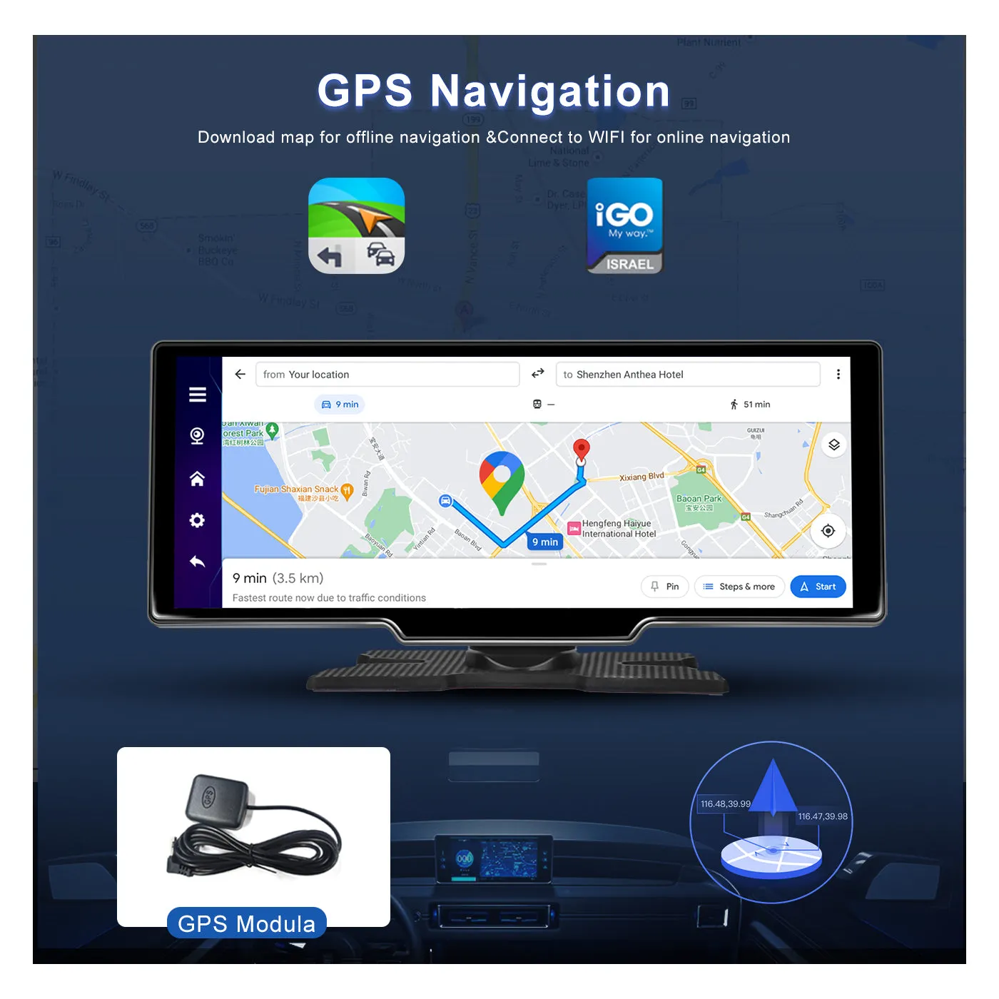 PODOFO 10.26 Inch 4 64G Android 13 Portable Apple CarPlay Screen, Wireless Android Auto Car Stereo with GPS Navigation & WiFi, 8-Core , Bluetooth Hands-Free, support Backup Camera
