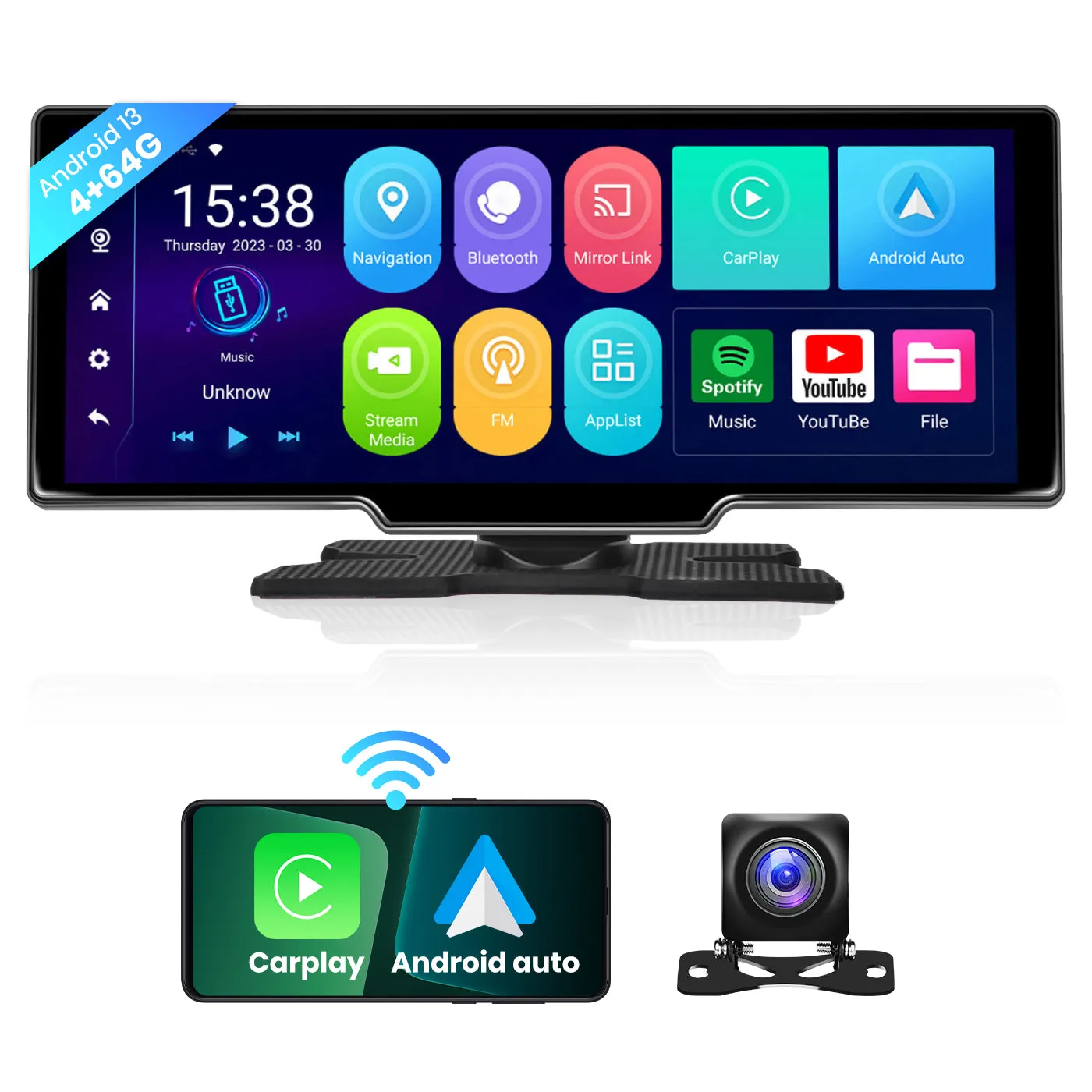 PODOFO 10.26 Inch 4 64G Android 13 Portable Apple CarPlay Screen, Wireless Android Auto Car Stereo with GPS Navigation & WiFi, 8-Core , Bluetooth Hands-Free, support Backup Camera