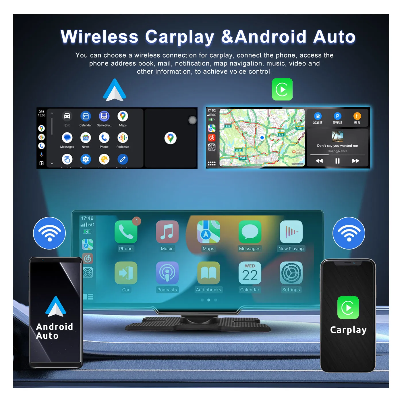 PODOFO 10.26 Inch 4 64G Android 13 Portable Apple CarPlay Screen, Wireless Android Auto Car Stereo with GPS Navigation & WiFi, 8-Core , Bluetooth Hands-Free, support Backup Camera