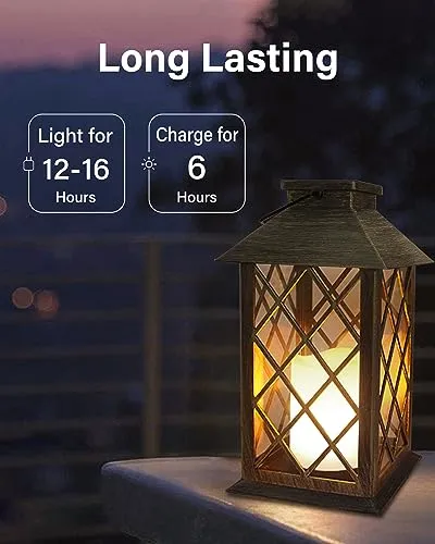 SHYMERY Solar Lantern,Outdoor Garden Hanging Lanterns,2 Pack 14 Inch Lasts 3X Longer 10 lumens Waterproof LED Flickering Flameless Candle Mission Lights for Table,Outdoor,Party Decorative