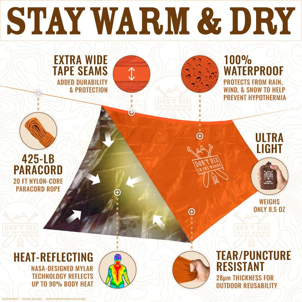 World's Toughest Ultralight Survival Tent • 2 Person Mylar Emergency Shelter Tube Tent   Paracord • Year-Round All Weather Protection For Hiking, First Aid Kits, & Outdoor Survival Gear