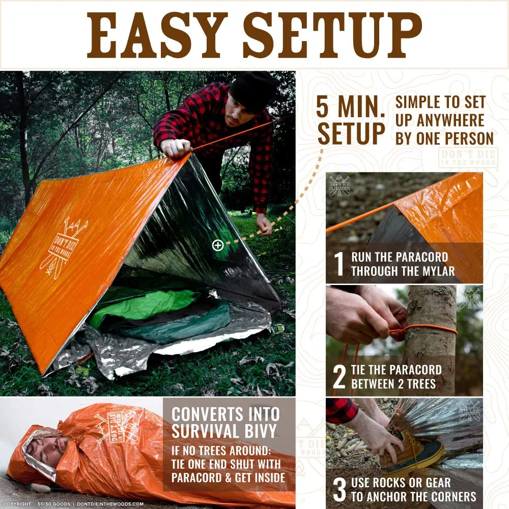 World's Toughest Ultralight Survival Tent • 2 Person Mylar Emergency Shelter Tube Tent   Paracord • Year-Round All Weather Protection For Hiking, First Aid Kits, & Outdoor Survival Gear