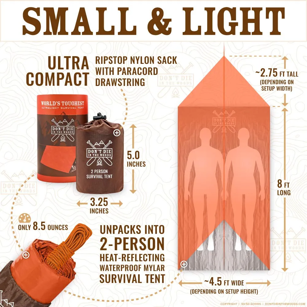 World's Toughest Ultralight Survival Tent • 2 Person Mylar Emergency Shelter Tube Tent   Paracord • Year-Round All Weather Protection For Hiking, First Aid Kits, & Outdoor Survival Gear