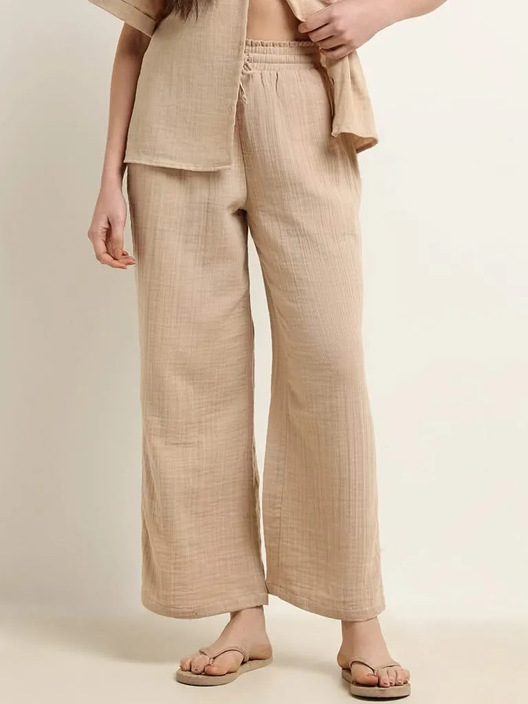 Wunderlove Beige Cotton Crinkled Relaxed Beach Pants